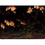 A lacquer panel decorated birds in magnolia branches, signed and inscribed from Fran van Cham,