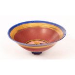 Mary Rich (born 1940), a porcelain footed bowl, glazed in rose, azure and gold bands,
