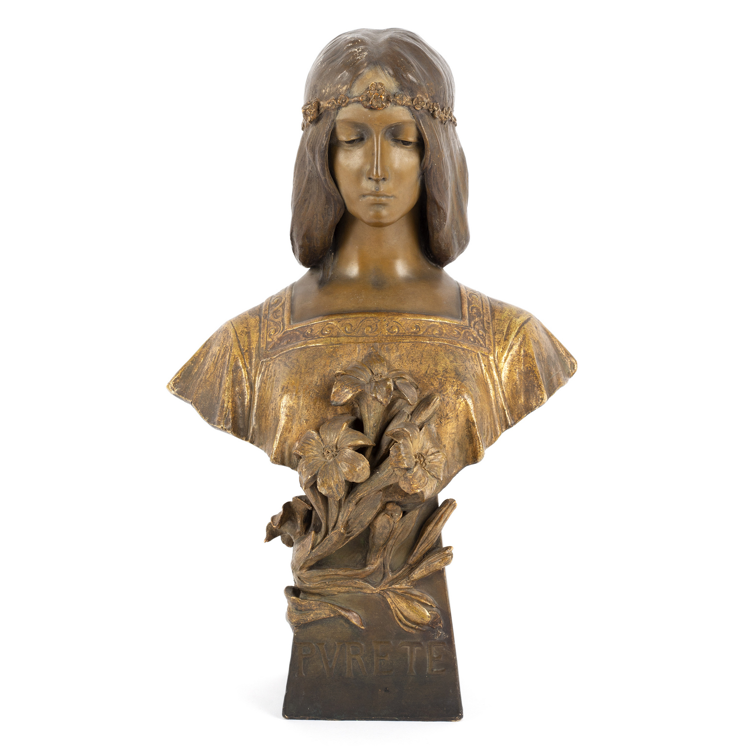 Goldscheider/Purete/an Art Nouveau painted and gilt terracotta bust,