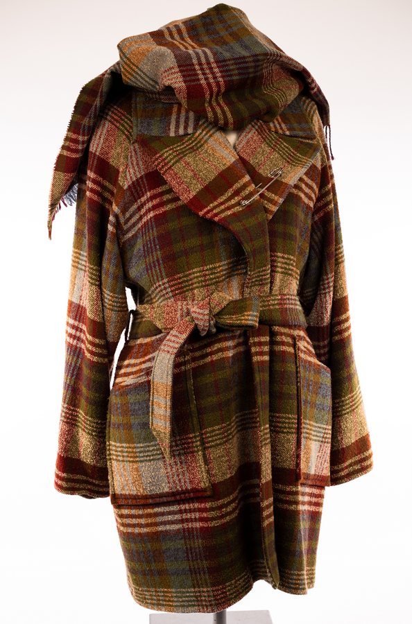 Mulberry, a wool check coat with pockets and belt and hat-pin fastening,