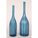 Orlando Zennaro, Murano, two glass bottles in clear, blue and green stripes, signed Zennaro to base,