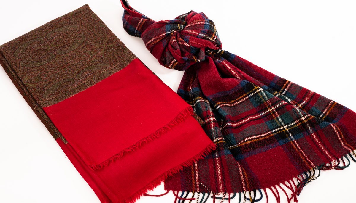 A Paisley shawl, with red border and raw edge, 202cm x 108cm and a red check wool scarf, - Image 2 of 3