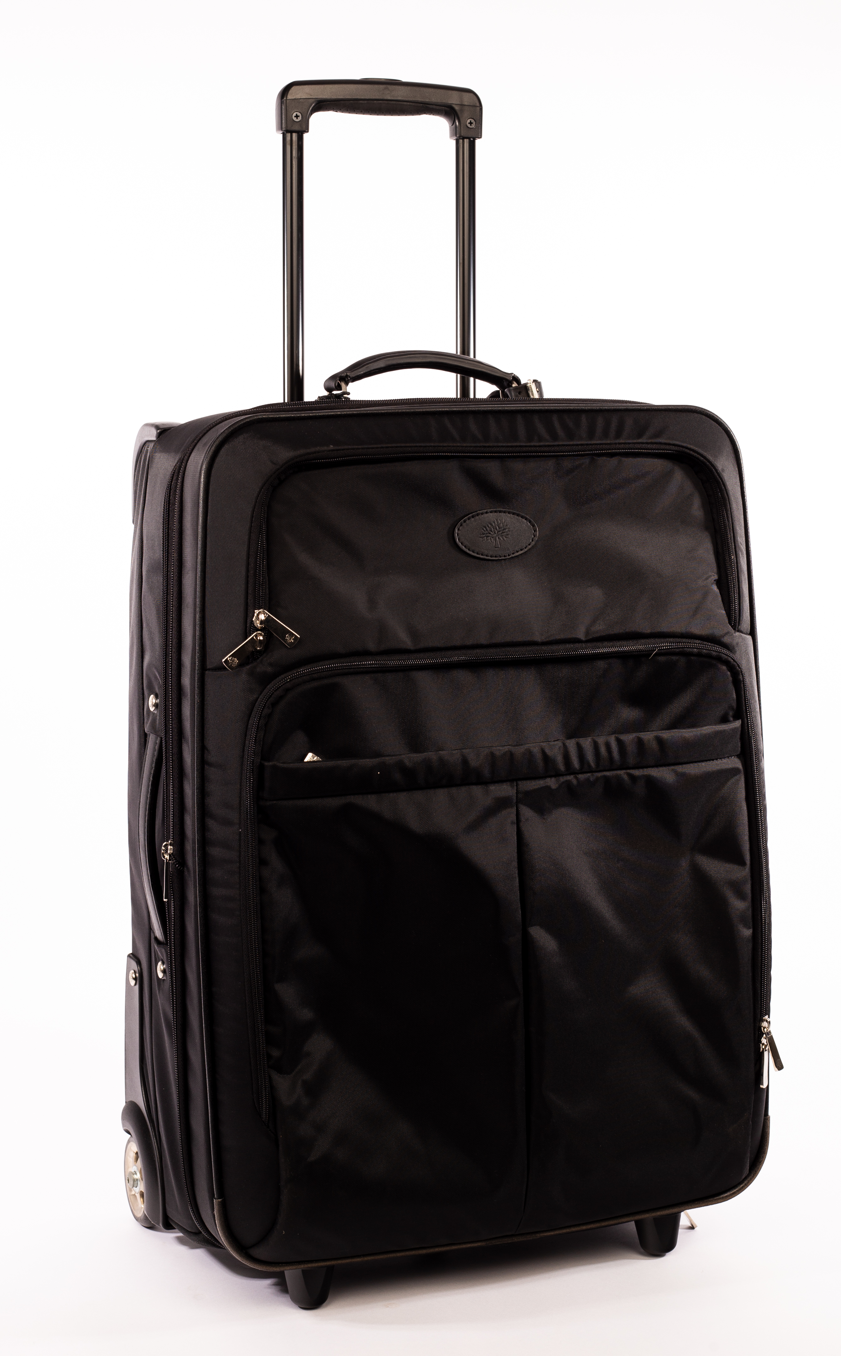 Mulberry, a black trolley case with pockets and compartments, zip fastening, attached luggage tag,