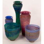 Will Shakspeare for Shakspeare Glass, a group of five opaque coloured glass vases,