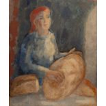 Manuel Colmeiro/Mujer con Pan/three-quarter length portrait of a girl with loaves of bread/signed