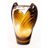Lalique, a Marrakech vase, in clear and amber tinted glass with Deco palmette applique to each side,