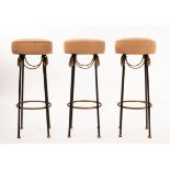 Three American bar stools with upholstered circular seats,
