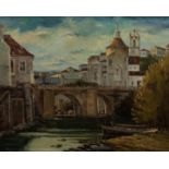 20th Century Continental School/Townscape with River to foreground/oil on board,