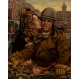 M de Winter/Liberation/girl kissing an American GI on a motorbike/signed and dated 1944/oil on