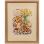 Diana Leadbetter (Contemporary)/Afternoon Tea with Spring Flowers/signed/watercolour, 41.5cm x 32.