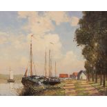 Willem Haytman (born 1950)/Moored Barges on a Dutch Canal/with tree lined towpath and ancient