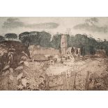 Leslie Duxbury (1921-2001)/Welsh Church and Farm/coloured etching, plate size 33.