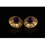 Kiki McDonough, a pair of amethyst and 18ct gold shield shaped earrings,