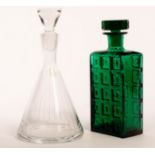 A mid-Century Italian emerald green glass decanter and stopper, with window pane design, 24.