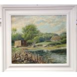 20th Century British School/Creek with Beached Boats and Chapel/signed AM '35/oil on canvas, 35.