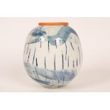 Adam Frew, a globular vase with white, blue and red glazes and an orange underglaze rim,