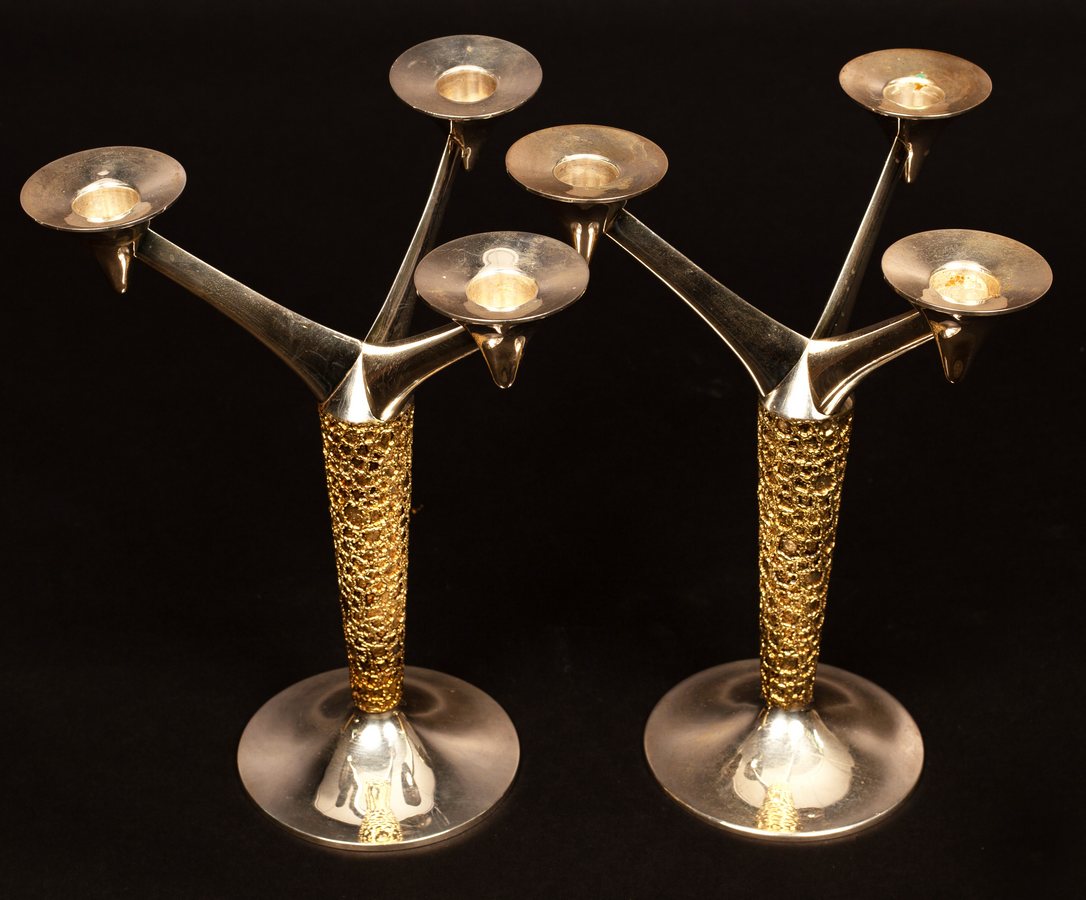 Stuart Devlin (1931-2018), a pair of silver and silver-gilt three-light candelabra, - Image 2 of 4