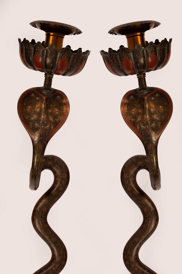 A pair of Art Deco style Indian wall lights, each modelled as a king cobra, - Image 4 of 4