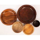 P Hannaby, a carved London plane bowl, signed, 20cm diameter/and four other carved wood bowls,