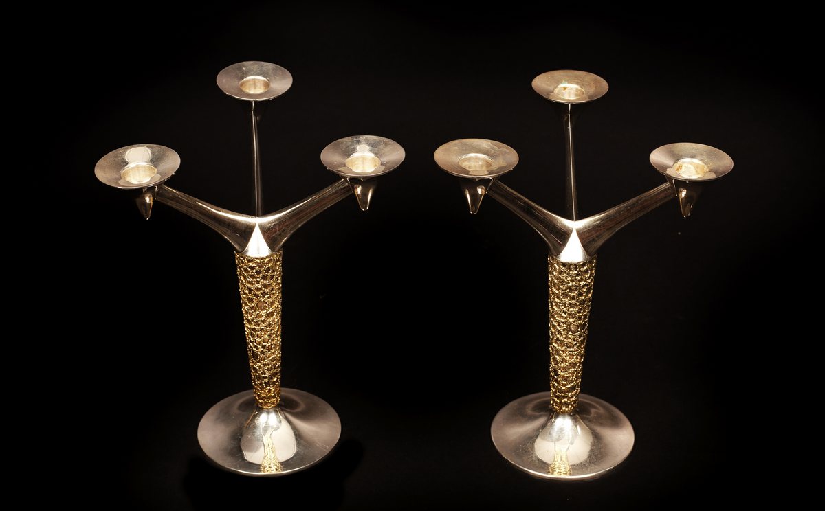 Stuart Devlin (1931-2018), a pair of silver and silver-gilt three-light candelabra, - Image 4 of 4
