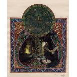 20th Century/Green Man/a woodland vignette with Celtic design borders/signed indistinctly in pencil