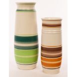 Poole Pottery, two large vases, cylindrical ribbed design with band of graduated colours,