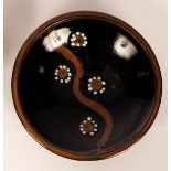 Derek Emms (1929-2004), a shallow bowl in tenmoku glaze with white and iron, impressed mark,