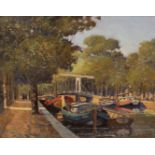 Willem Haytman (born 1950)/Moored Barges on a Dutch Canal/with figure and trees on the