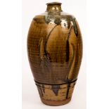 Phil Rogers (1951-2020), a tall tapering stoneware vase, ash glaze with willow design,