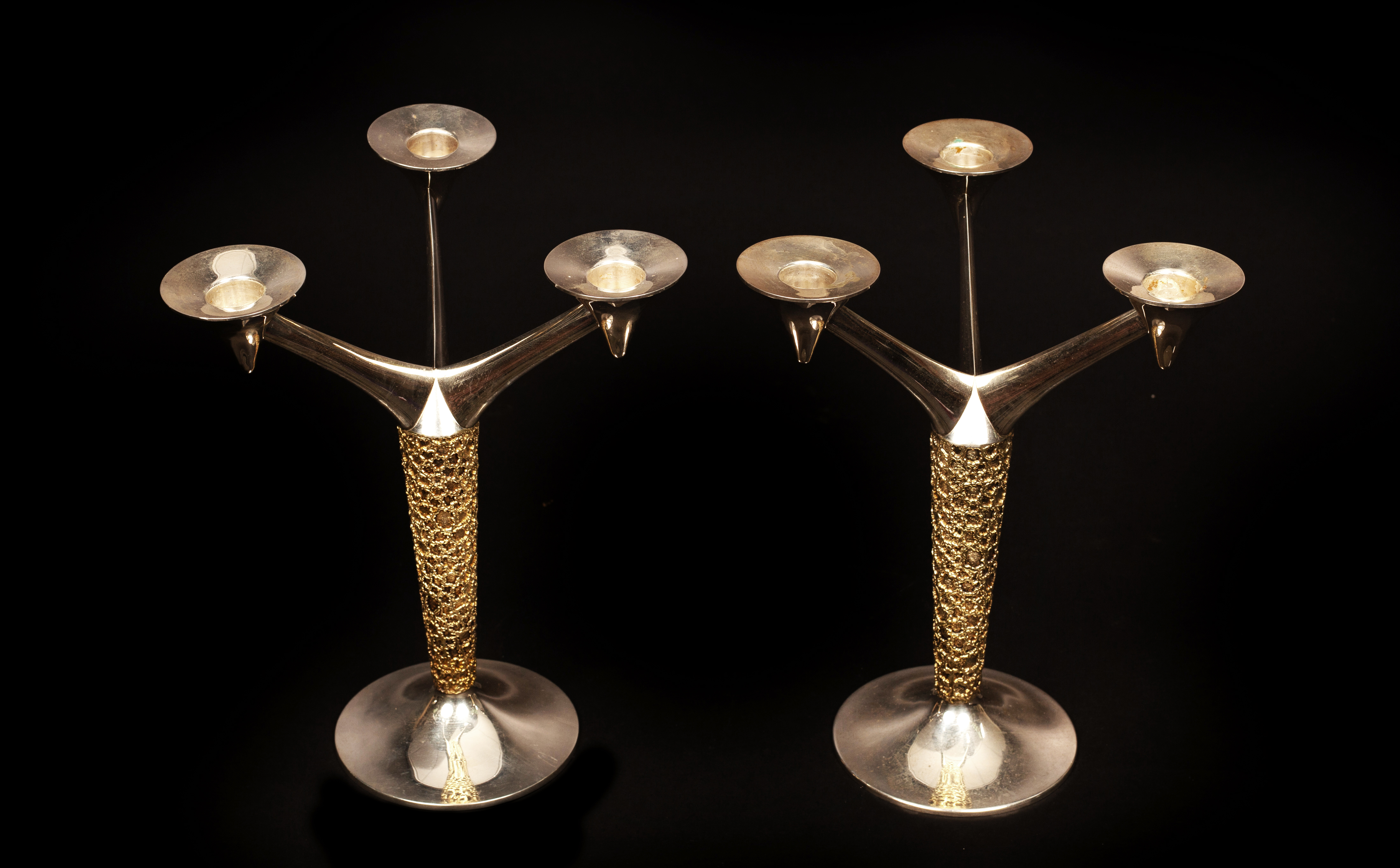 Stuart Devlin (1931-2018), a pair of silver and silver-gilt three-light candelabra, - Image 3 of 4