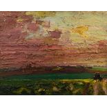 George Rowlett (born 1941)/Sunset Landscape with Cart/inscribed verso 'Mongeham Church, Kent,