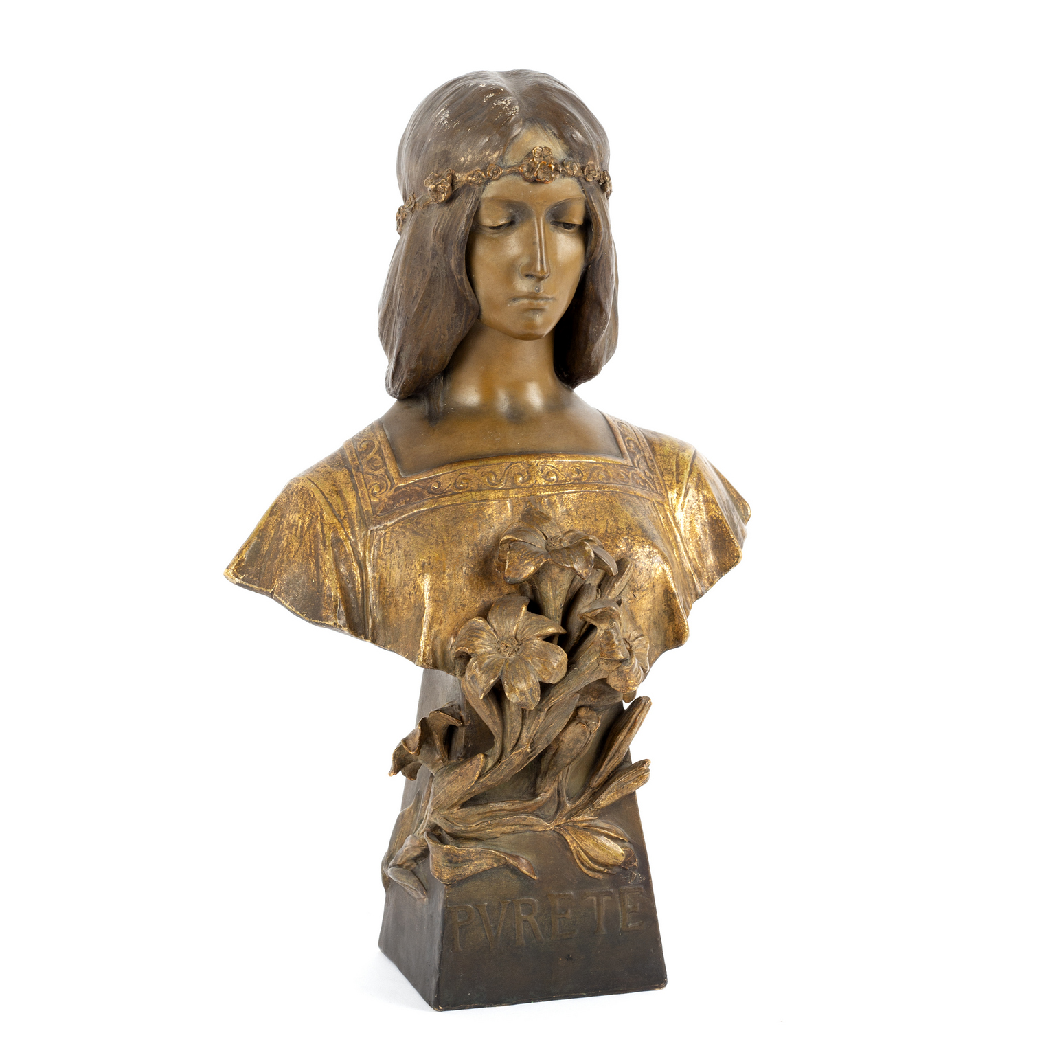 Goldscheider/Purete/an Art Nouveau painted and gilt terracotta bust, - Image 2 of 3