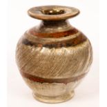 Sue Locke, a large stoneware vase, with banding and brushwork in khaki, iron and ash glazes,