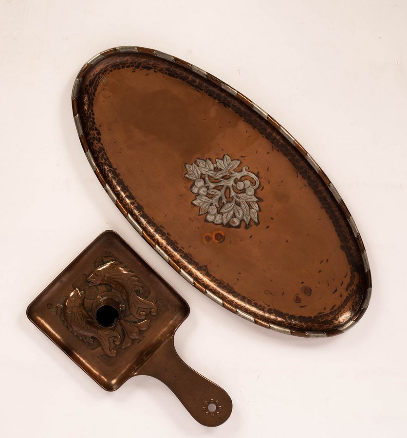 Hugh Wallis (1871-1943)/An Arts & Crafts oval copper tray inlaid with white metal fruiting branch - Image 2 of 2