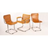 A pair of mid-Century Italian leather and chrome side chairs and an Italian cantilever chair with