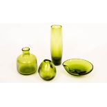 Holmegaard, Denmark, a cylindrical lime green glass vase, 28cm high, a bottle vase,