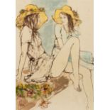 Bernard Dufour (1922-2016)/Two Young Ladies in Straw Hats/oil on board,