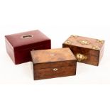 A walnut workbox with brass mounts, 25cm wide, a mahogany jewellery box,