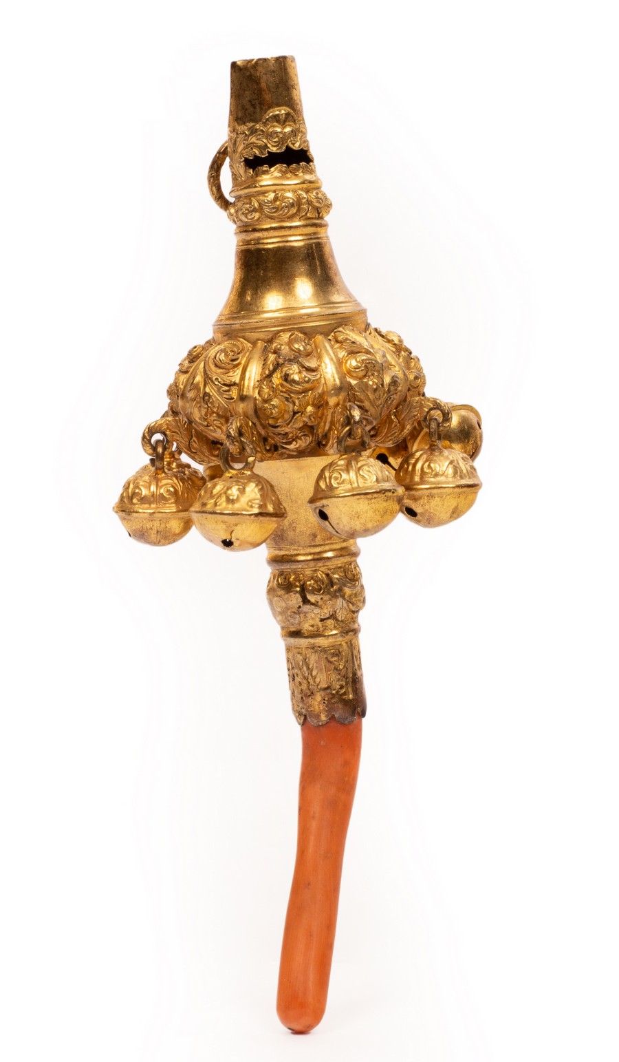 A George III silver gilt rattle, John Reily, London circa 1810, with whistle,