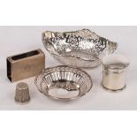 Two silver sweetmeat dishes, a rouge pot, a matchbox holder and a thimble,