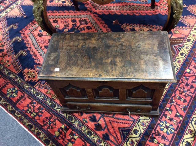 An early 18th Century oak coffer bach, the hinged cover with moulded border, - Image 6 of 6
