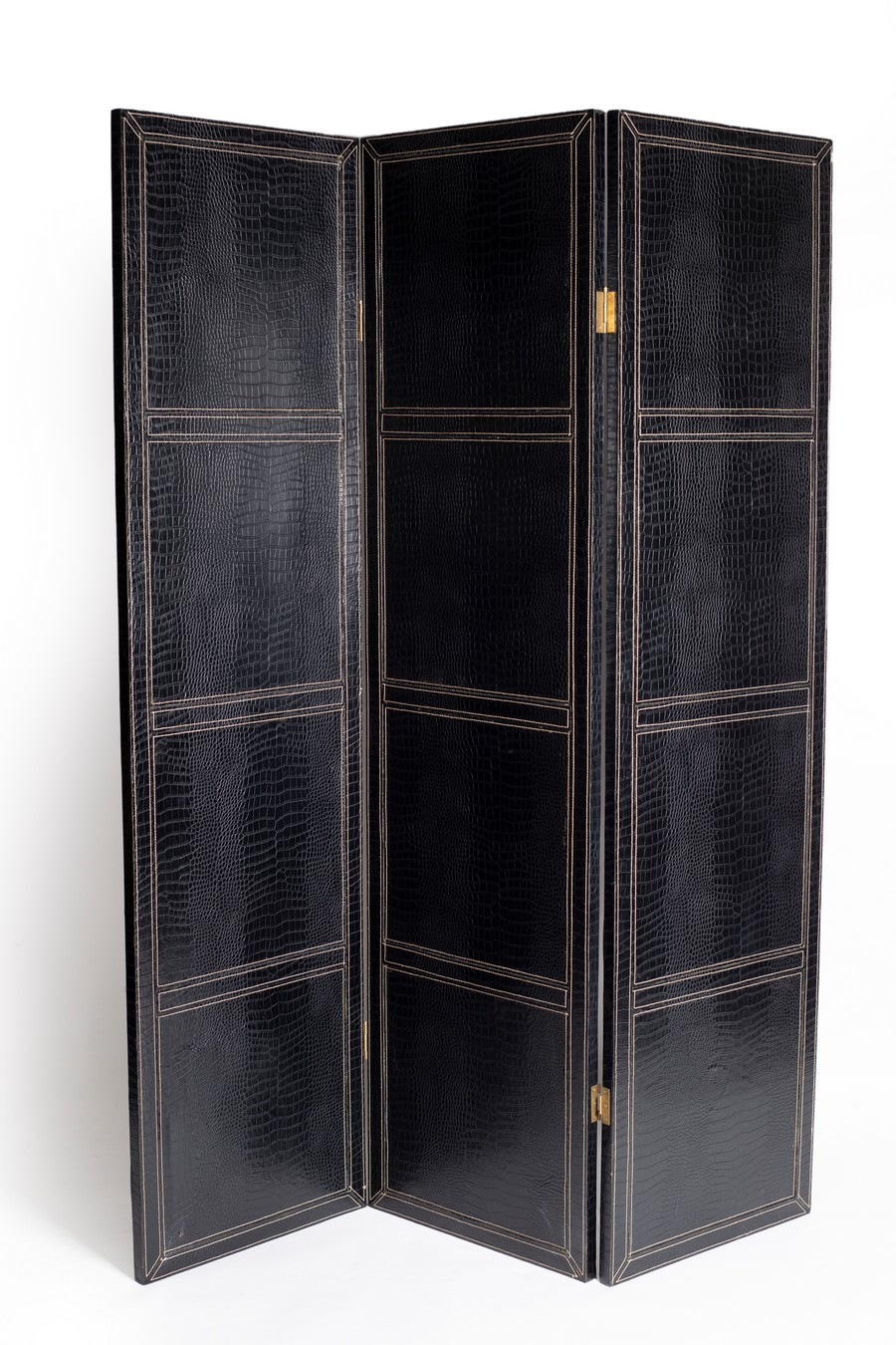 A two-fold screen, one side in black faux crocodile,