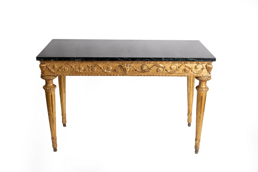 An Italian 18th Century giltwood console table, probably Rome, with later veined green marble top,