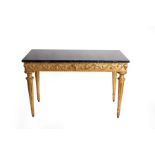 An Italian 18th Century giltwood console table, probably Rome, with later veined green marble top,