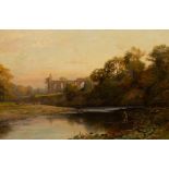 John Bates Noel (1870-1927)/River Landscape with fisherman/a ruined abbey in the distance/oil on