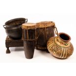 Two tribal drums, a low stool,