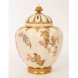 A Royal Worcester blush ivory pot pourri vase, liner and cover, of ribbed form painted flowers, 35.