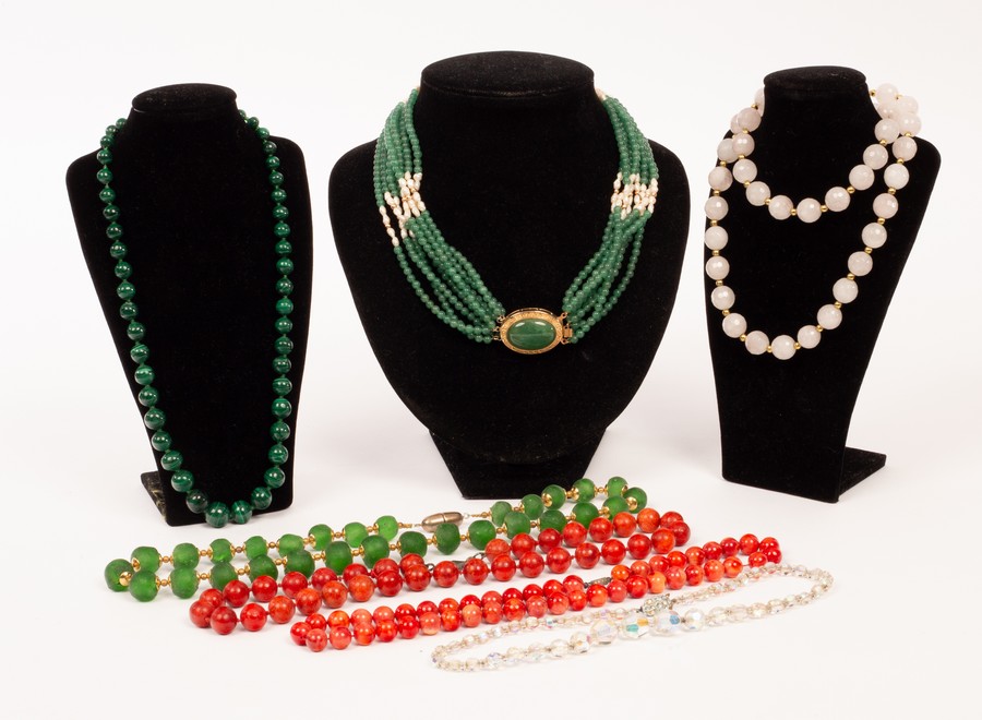 A single row necklace of graduated malachite beads and various bead necklaces CONDITION