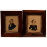 19th Century English School/Portrait Miniatures of George Walters and his Wife/he wearing a blue