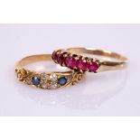 A Victorian sapphire and diamond dress ring, in 18ct gold with scroll shoulders, Chester 1894,